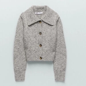 Zara Wool Blend Button Collar Knit Cardigan Heather Grey Size Medium
